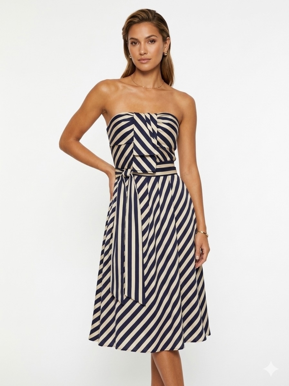 986 LISA HO Australia 100% Silk Strapless Striped Midi Dress Blue Cream  US 6